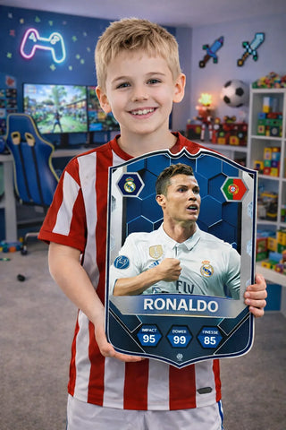 SPORTIFY CARDS
Pre-made Cristiano Ronaldo Real Madrid card printed on durable Foam PVC.
The all-time Champions League top scorer, a four-time Ballon d'Or winner at the Bernabéu, and one of the most decorated players in football history. This card captures CR7 at his Real Madrid peak — the era that defined modern greatness.
Premium 3mm foam PVC. High-resolution finish. UK and worldwide shipping. Starting from £15.