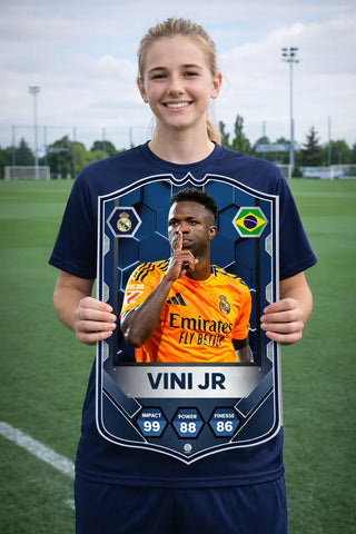 SPORTIFY CARDS
Pre-made Vinicius Jr Real Madrid card printed on durable Foam PVC.
The most electrifying player in world football. Vini Jr has become the heartbeat of Real Madrid's attack — a Champions League final match-winner, a Ballon d'Or contender, and the player every defender in La Liga fears most. When Vini runs at you, the only question is how spectacular the finish will be.
Premium 3mm foam PVC. High-resolution finish. UK and worldwide shipping. Starting from £15.