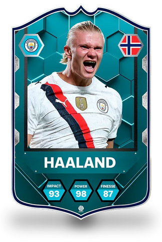 SPORTIFY CARDS
Erling Haaland Manchester City Machattack pre-made football card featuring Haaland celebrating in his Man City kit with the Manchester City crest and Norway national badge. Stats include Impact 93, Power 98 and Finesse 87 in a premium teal hexagonal design. Printed on durable 3mm foam PVC with a high-resolution finish. UK and worldwide shipping. Starting from £15.