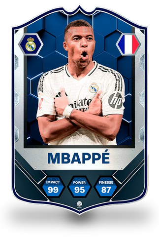SPORTIFY CARDS
Kylian Mbappé Real Madrid Match Attax style pre-made football card featuring Mbappé in his white Real Madrid kit with arms crossed alongside the Real Madrid crest and France national badge. Stats include Impact 99, Power 95 and Finesse 87 in a premium blue hexagonal design. Printed on durable 3mm foam PVC with a high-resolution finish. UK and worldwide shipping. Starting from £15.