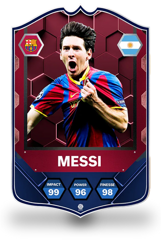 SPORTIFY CARDS
Lionel Messi FC Barcelona Machattack pre-made football card featuring Messi celebrating in his iconic Blaugrana kit with the Barcelona crest and Argentina national badge. Stats include Impact 99, Power 96 and Finesse 98 in a premium red and blue hexagonal design. Printed on durable 3mm foam PVC with a high-resolution finish. UK and worldwide shipping. Starting from £15.