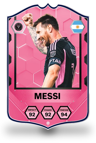 SPORTIFY CARDS
Lionel Messi Inter Miami Match Attax style pre-made football card featuring Messi celebrating in his black Inter Miami kit with the Inter Miami crest and Argentina national badge. Stats include Impact 92, Power 92 and Finesse 94 in a premium pink hexagonal design. Printed on durable 3mm foam PVC with a high-resolution finish. UK and worldwide shipping. Starting from £15.