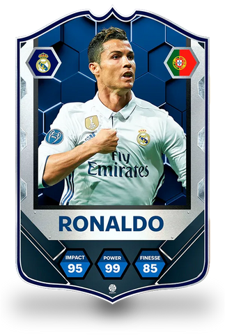 SPORTIFY CARDS
Cristiano Ronaldo Real Madrid Machattack pre-made football card featuring CR7 in his iconic white Real Madrid kit with the Real Madrid crest and Portugal national badge. Stats include Impact 95, Power 99 and Finesse 85 in a premium blue hexagonal design. Printed on durable 3mm foam PVC with a high-resolution finish. UK and worldwide shipping. Starting from £15.