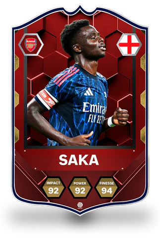 SPORTIFY CARDS
Bukayo Saka Arsenal Machattack pre-made football card featuring Saka in his blue Arsenal away kit with the Arsenal crest and England national badge. Stats include Impact 92, Power 92 and Finesse 94 in a premium red hexagonal design. Printed on durable 3mm foam PVC with a high-resolution finish. UK and worldwide shipping. Starting from £15.