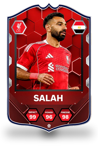 SPORTIFY CARDS
Mohamed Salah Liverpool Machattack pre-made football card featuring Salah in his red Liverpool home kit with the Liverpool crest and Egypt national badge. Stats include Impact 99, Power 96 and Finesse 98 in a premium deep red hexagonal design. Printed on durable 3mm foam PVC with a high-resolution finish. UK and worldwide shipping. Starting from £15.