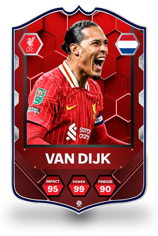 SPORTIFY CARDS
Virgil van Dijk Liverpool Machattack pre-made football card featuring Van Dijk celebrating passionately in his red Liverpool home kit with the Liverpool crest and Netherlands national badge. Stats include Impact 95, Power 99 and Finesse 90 in a premium deep red hexagonal design. Printed on durable 3mm foam PVC with a high-resolution finish. UK and worldwide shipping. Starting from £15.