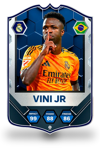 SPORTIFY CARDS
Vinicius Jr Real Madrid Machattack pre-made football card featuring Vini Jr in his orange Real Madrid kit doing his signature shush celebration with the Real Madrid crest and Brazil national badge. Stats include Impact 99, Power 88 and Finesse 86 in a premium dark blue hexagonal design. Printed on durable 3mm foam PVC with a high-resolution finish. UK and worldwide shipping. Starting from £15.
