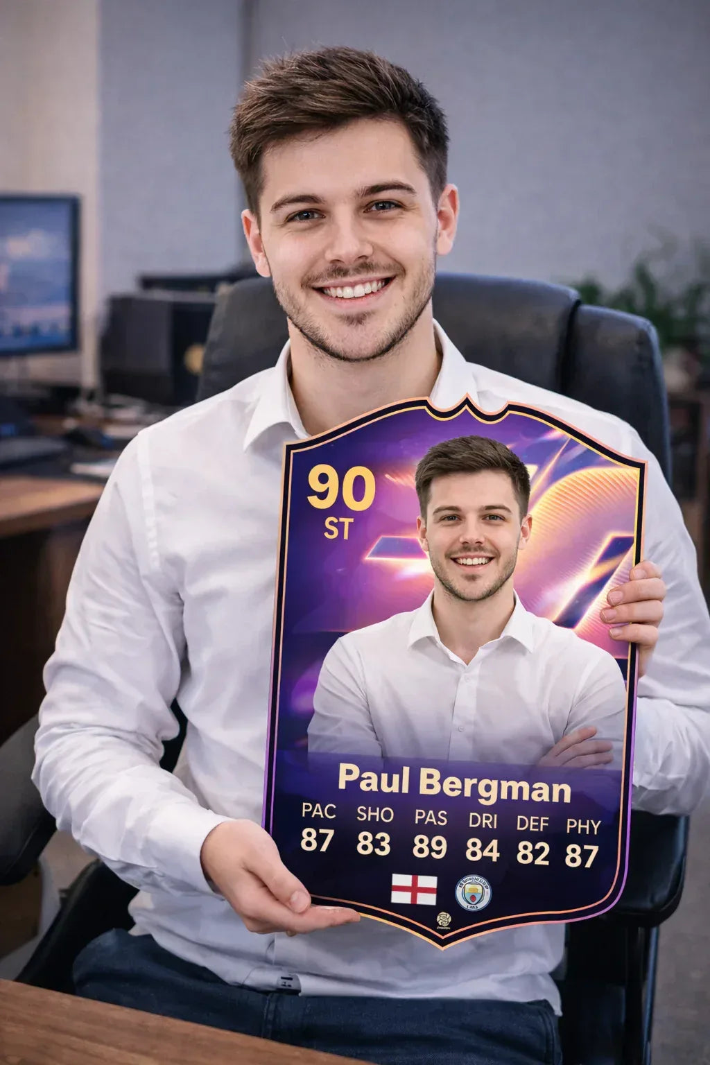 Young footballer holding a personalised FIFA-style football rating card with their own photo, name and six player stats by Sportify Cards