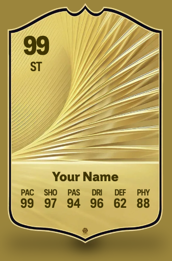 Personalised FIFA-style football rating card with overall rating 99 and six player stats on Black Foam PVC