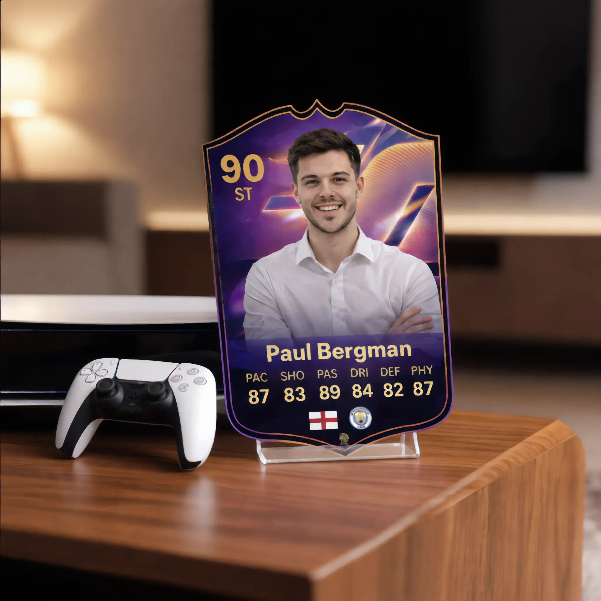 Personalised football rating card displayed on a desk using the Sportify Cards display stand